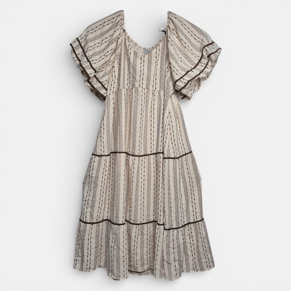 Polagram Womens 3XL Cream Brown Stripe Tiered Midi Dress Puff Sleeve PSD5124-X - Picture 2 of 9